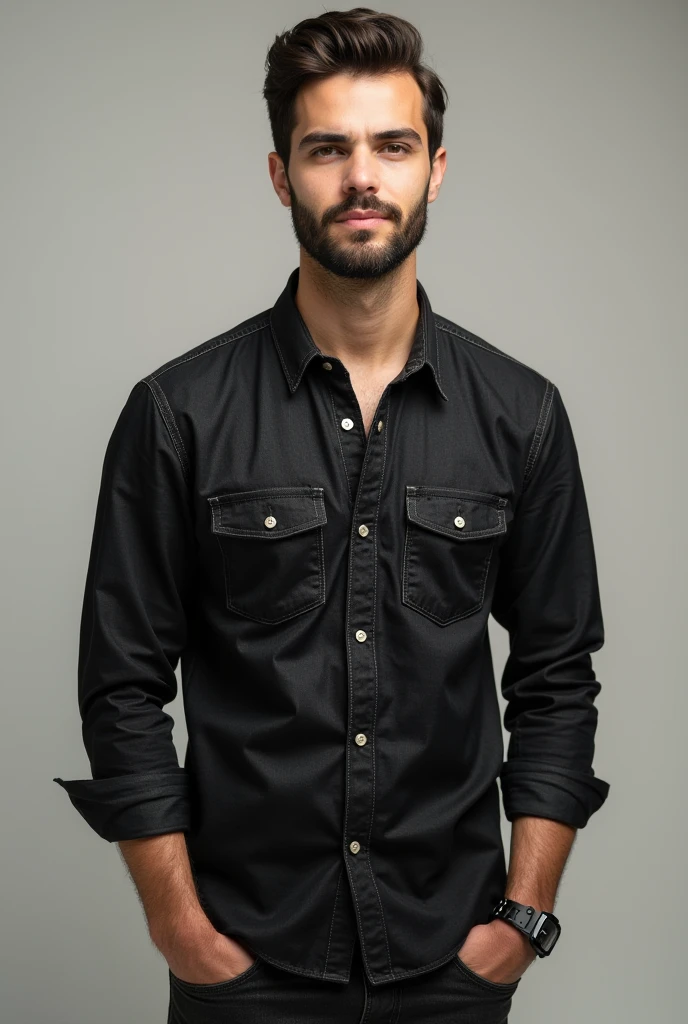  A. Man who set black danim shirt another cameras pose