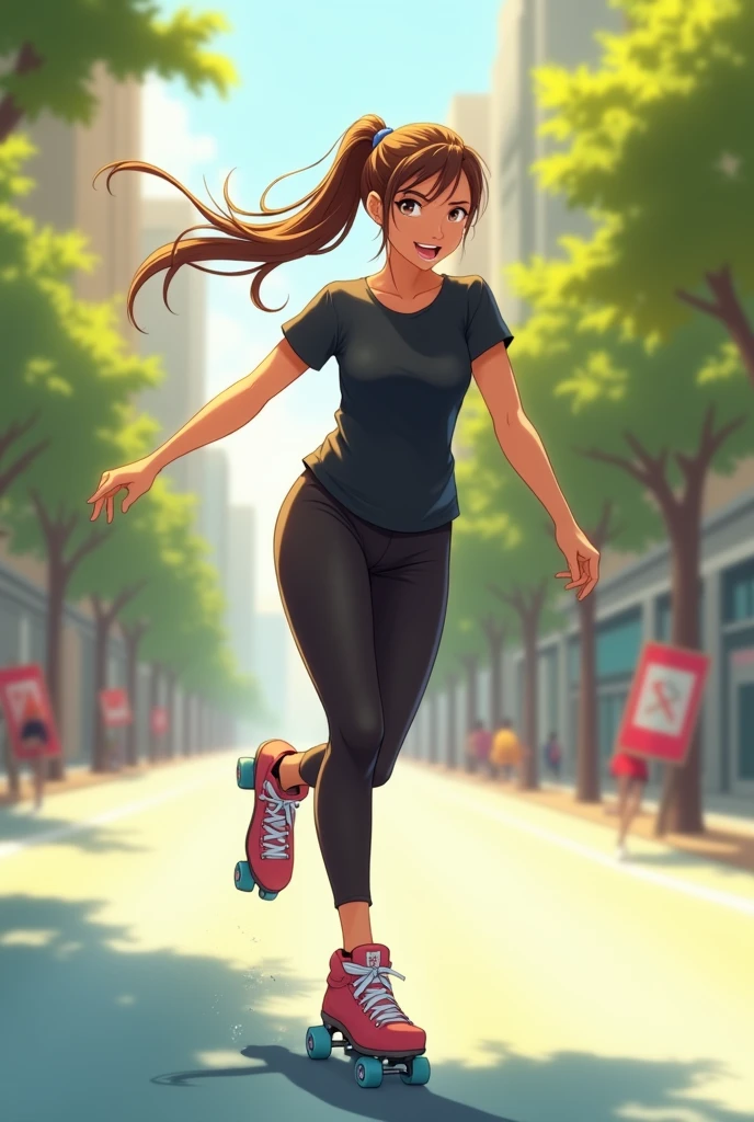 1 girl, A young man, A slim brunette girl with straight hair is skating on a smooth surface, sunny pavement. She slides holding a skate with her right hand at the height of her ponytail., with a happy expression on his face. Her hair tied back in a ponytail flows behind her as she increases speed., and she is wearing short black leggings with a fitted black t-shirt, Brightly colored clothes add a cheerful atmosphere to the scene. The background features a vibrant, outdoor environment with blurred moving trees or buildings, emphasizing her graceful movement and the carefree energy of the moment.