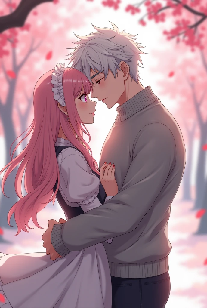 Anime boy with white hair, curly hair, pink eyes, pale skin, long eyelashes, grey eyebrows, glossy lips tall muscular white sweater, kissing shy female with long light pink hair, maid, cherry blossom trees