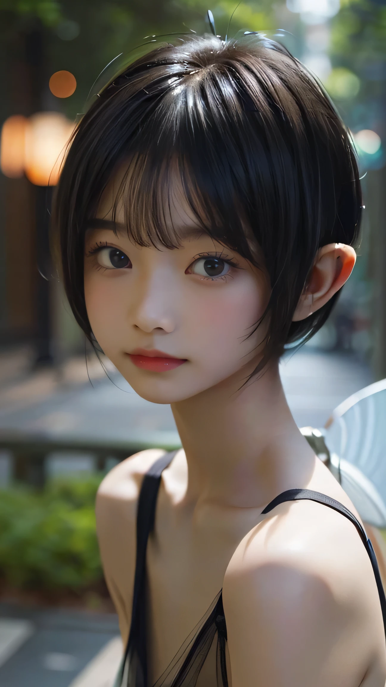 Highest quality、Ultra-high resolution、Written boundary depth、(Award-winning photo、An incredible masterpiece:1.3), shiny black hair, Cute Japanese Woman, 20-year-old, Beautiful breasts, Beautiful Face, ((((PIXIE CUT))))