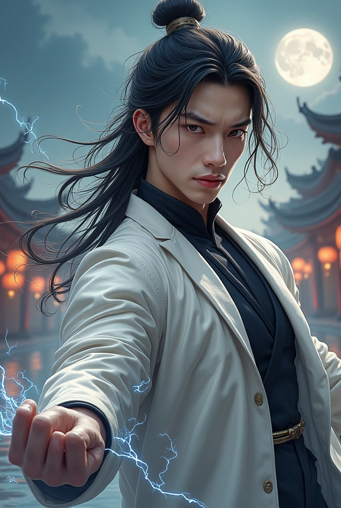 A 2 Asian man，Thick eyebrows，Melon seed face，Handsome face，Men's full body ，A transparent streamer is tied to the body and flutters in the wind，The background is an ancient Chinese town，Time is night。Deep blue sky，A full moon，Lots of black lanterns，Pavilions and arch bridges，His skin is fair，He is slender,  The limbs have pronounced muscle lines，high-definition photography，Real-world scenarios，Lots of detail, wearing black long coat, black long pants, black turtleneck shirt, lightning, magic, messy long hair, battle pose, confidently looking into distance, suppressed anger, devilish gaze