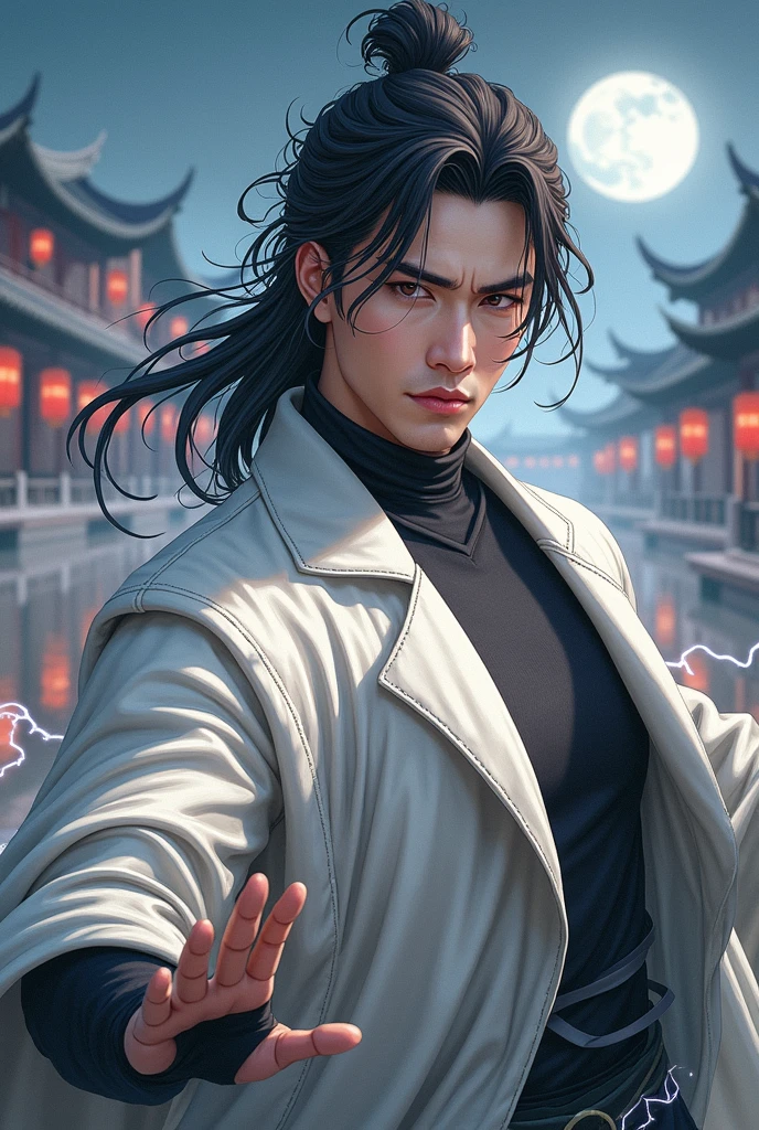 A 2 Asian man,Thick eyebrows,Melon seed face,Handsome face,Men's full body ,A transparent streamer is tied to the body and flutters in the wind,The background is an ancient Chinese town,Time is night。Deep blue sky,A full moon,Lots of black lanterns,Pavilions and arch bridges,His skin is fair,He is slender, The limbs have pronounced muscle lines,high-definition photography,Real-world scenarios,Lots of detail, wearing black long coat, black long pants, black turtleneck shirt, lightning, magic, messy long hair, battle pose, confidently looking into distance, suppressed anger, devilish gaze