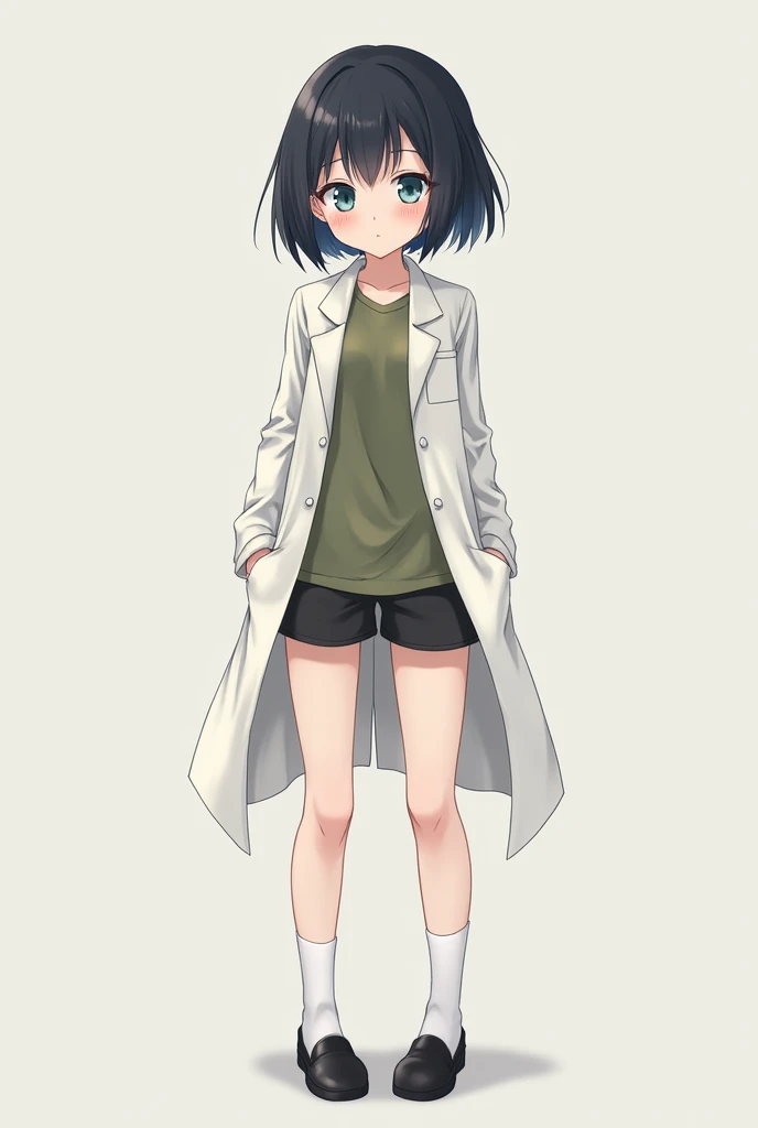 Female, Anime, -yeSleepy expression, Short black hair, Fair skin, Blue eyes, Lab coat, Olive long-sleeved shirt, Black shorts, Black shoes