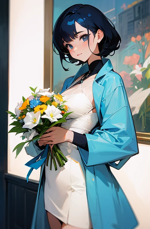 Cool women、sexy、holding a bouquet of flowers in both hands、