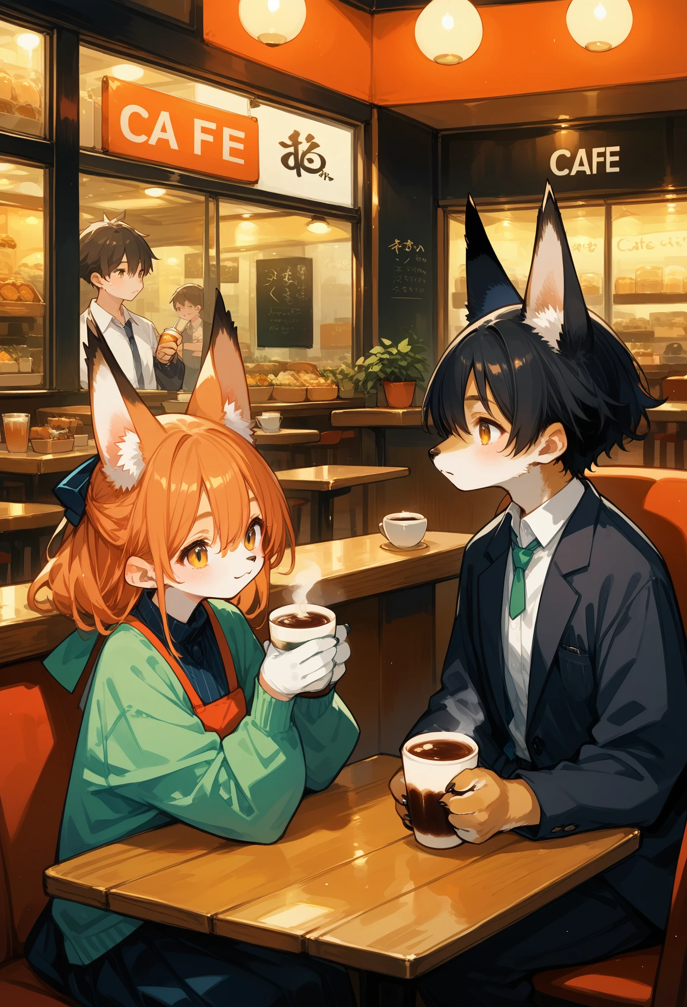 rating_safe, score_9, score_8_up, score_7_up, score_6_up, score_5_up, score_4_up, hires, source_furry(kemono, boy, girl)cafe Terrace, drink, coffee, staff,