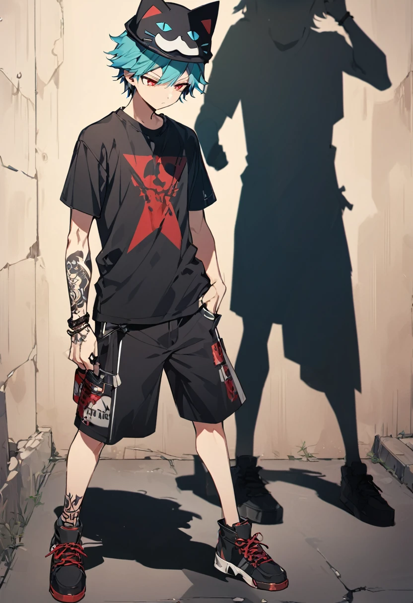 good looking, alone, 1 teenager、A boy who still has a youthful look、 short hair, Turquoise Hair, Cat ear hat, Red eyes, Black T-shirt, Shorts, Outlaw, Black sneakers、Black tattoo on wrist、Manipulating the Shadows