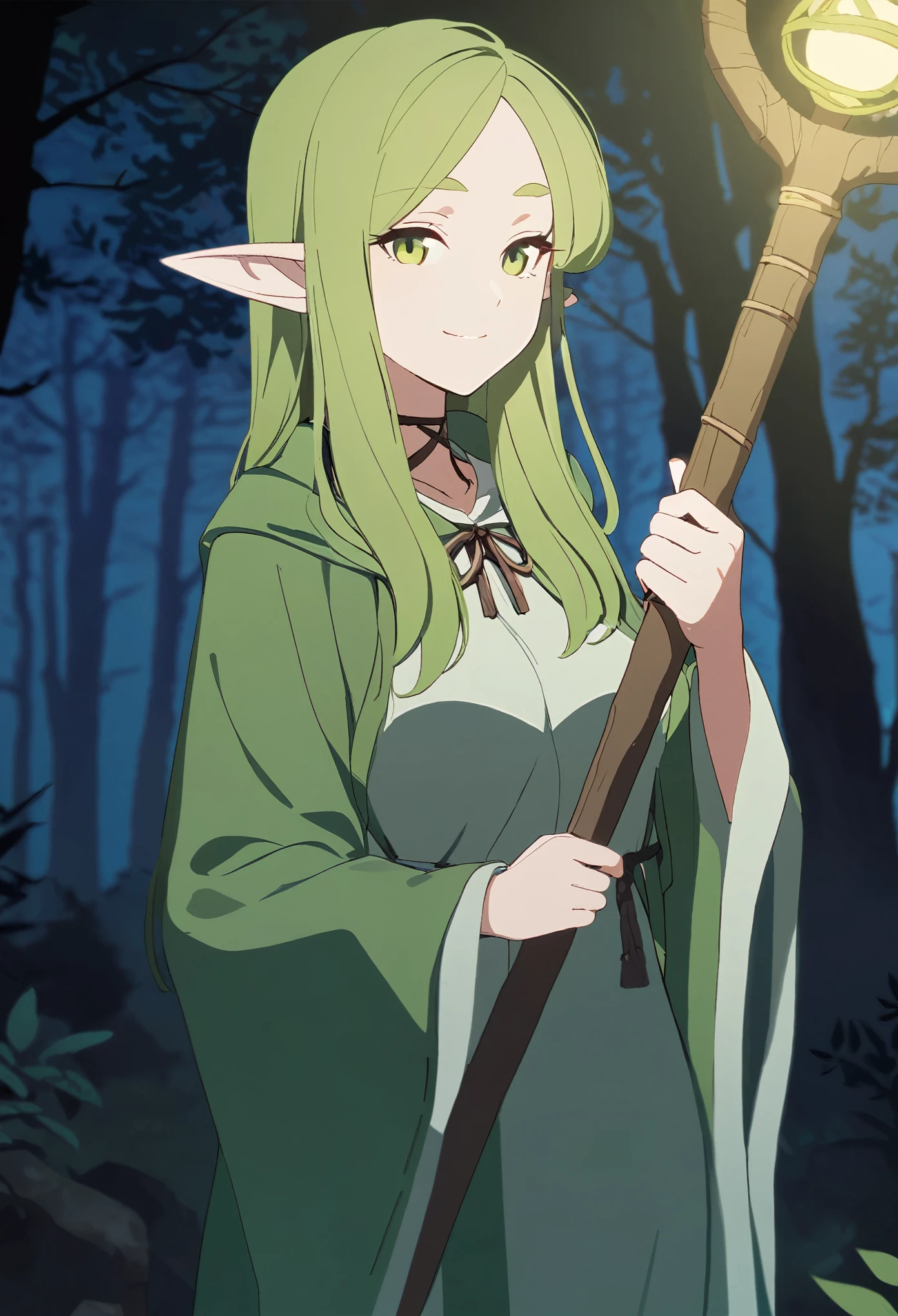 Elf girl, long green hair, druid, slender body, Wooden Staff, green eyes, long robe, the forest, night, smile