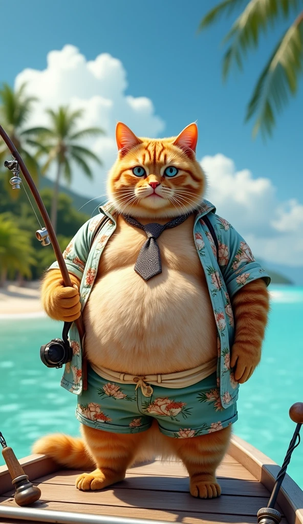 Make a picture of a fat obese orange cat, blue eyes, wear cool beach clothes and a tie, standing fishing on a boat, facing the camera, with a beautiful beach background, full body, wide, super realistic 8k images
