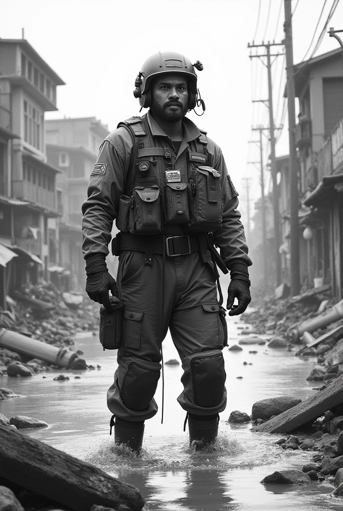 Bangladeshi flooding rescue team hero is standing  sketch 