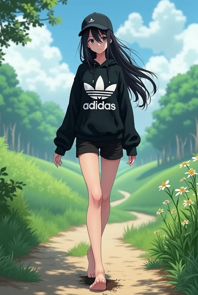 beautiful tall anime girl, long black hair, black eyes, barefoot, wear black adidas cap, wear black adidas hood, wear black adidas short hot pants, background is countryside, stepped in shit