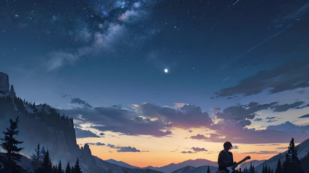 "A silhouette of a person playing a guitar against the backdrop of a mountain at night. A full moon rises behind the mountains, with the wind quietly rustling through the trees. Stars twinkle in the sky, and the silhouette of the mountains is outlined in black as the sound of the guitar echoes through the night."