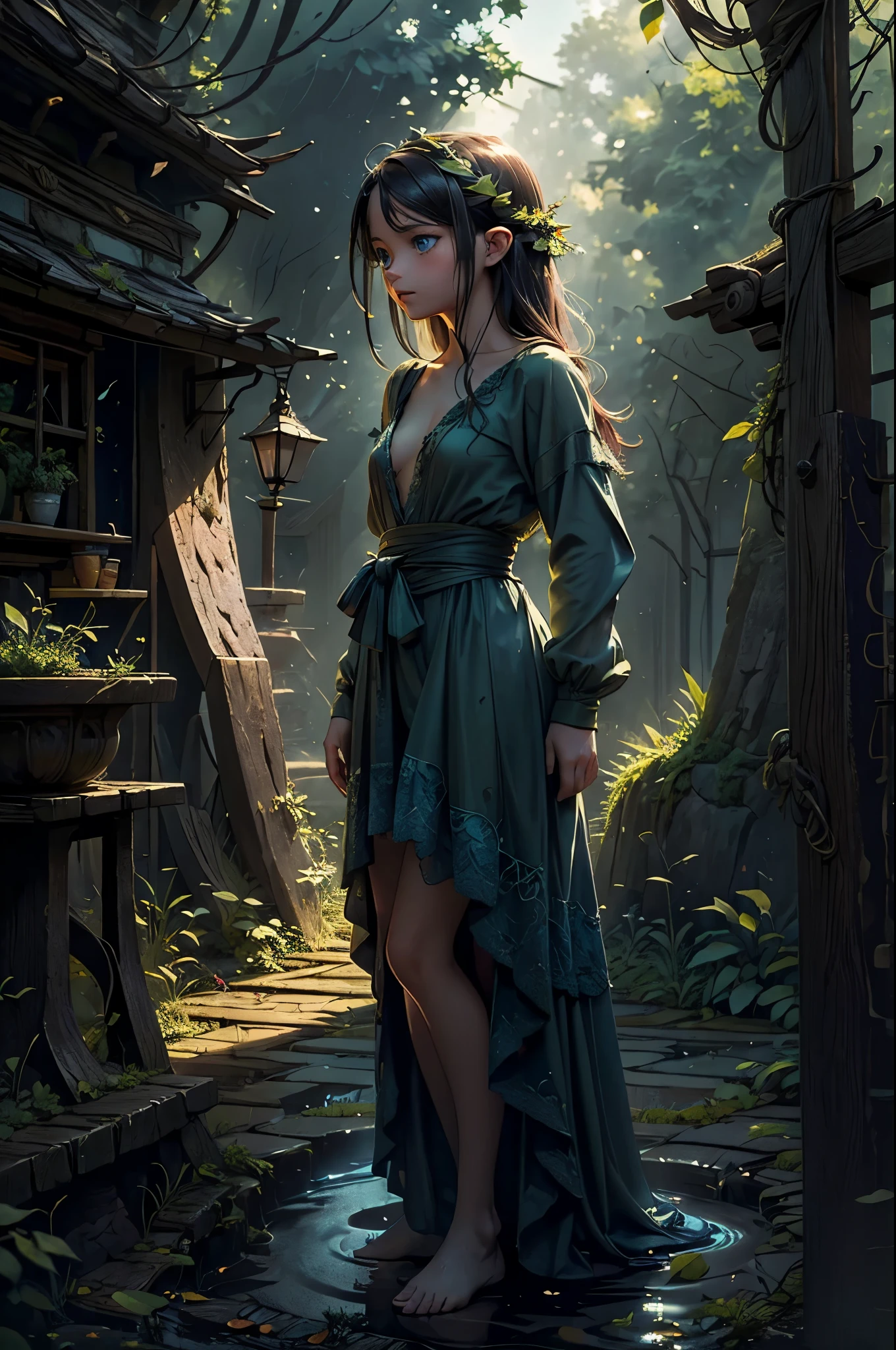 (Realystic:1.4), analog photo style, depths of field, (dark-haired Lightfoot Halfling with blue eyes, naked), (small leaves and insects got tangled in wet hair), wide waist, (her full body is a visual pleasure), view from above, extremely sexy, dark fantasy atmosphere, deep shadows with the some sun rays, a delicate balance between reality and fantastic, faded colours, great quality, Masterpiece, blurred gloomy background, naturally cinematic light, 16k quality, kodak porta 400, bokeh.