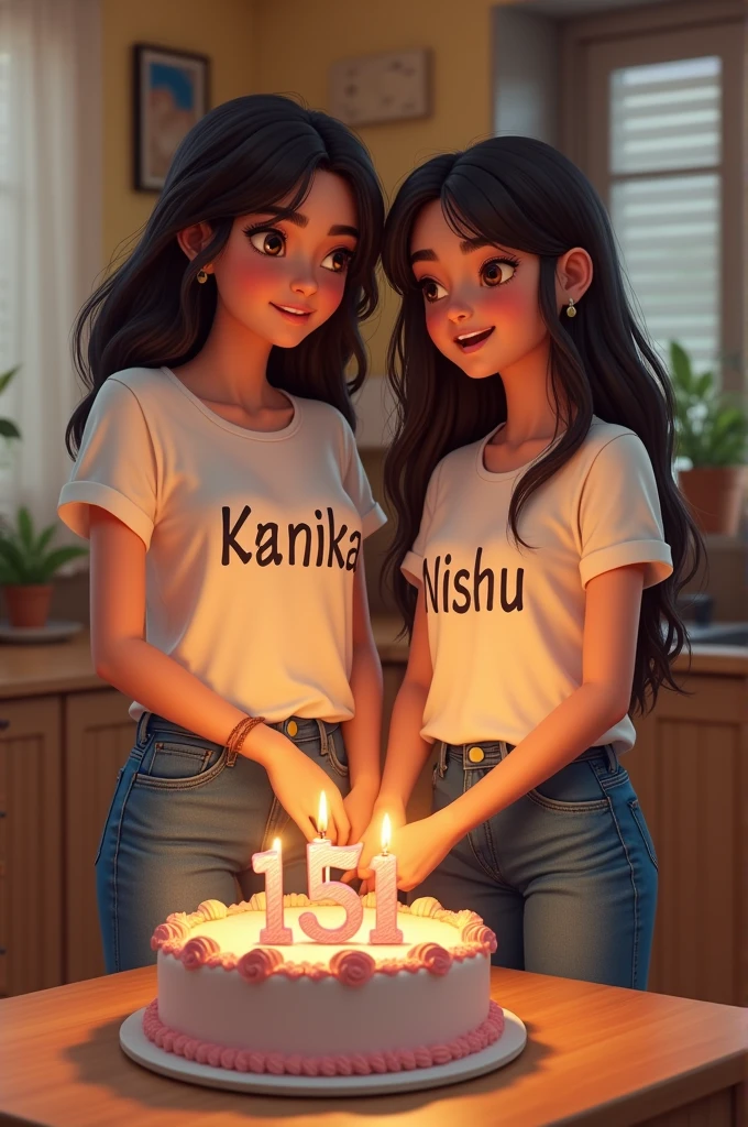 Two teenager girls wearing jeans such that KANIKA is written on the one girls tshirt and NISHU on the other girl's tshirt and KANIKA is cutting her 15th birthday cake 