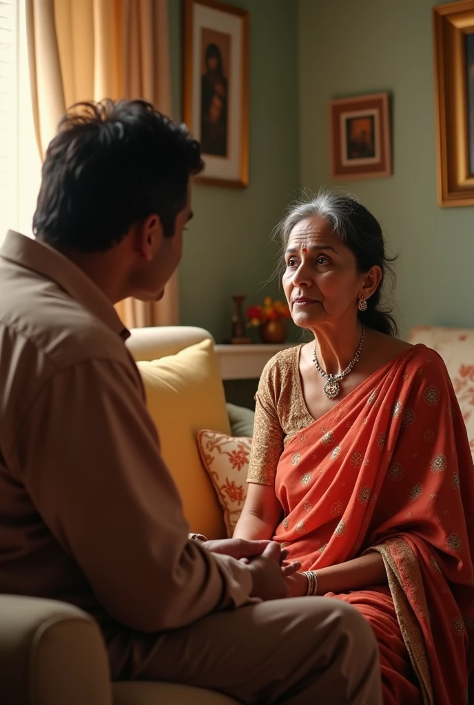 Indian housewife is in her living room, saying something to her husband 