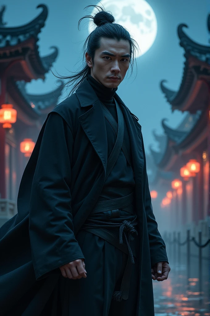 A 2 Asian man，Thick eyebrows，Melon seed face，Handsome face，Men's full body ，A transparent streamer is tied to the body and flutters in the wind，The background is an ancient Chinese town，Time is night。Deep blue sky，A full moon，Lots of black lanterns，Pavilions and arch bridges，His skin is fair，He is slender,  The limbs have pronounced muscle lines，high-definition photography，Real-world scenarios，Lots of detail, wearing black long coat, black long pants, black turtleneck shirt, lightning, magic, messy long hair, battle pose, confidently looking into distance, suppressed anger, devilish gaze
