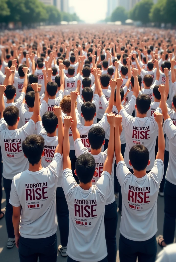 the crowd gathered with clenched fists and wore white clothes that read MOROTAI RISE VOL. II