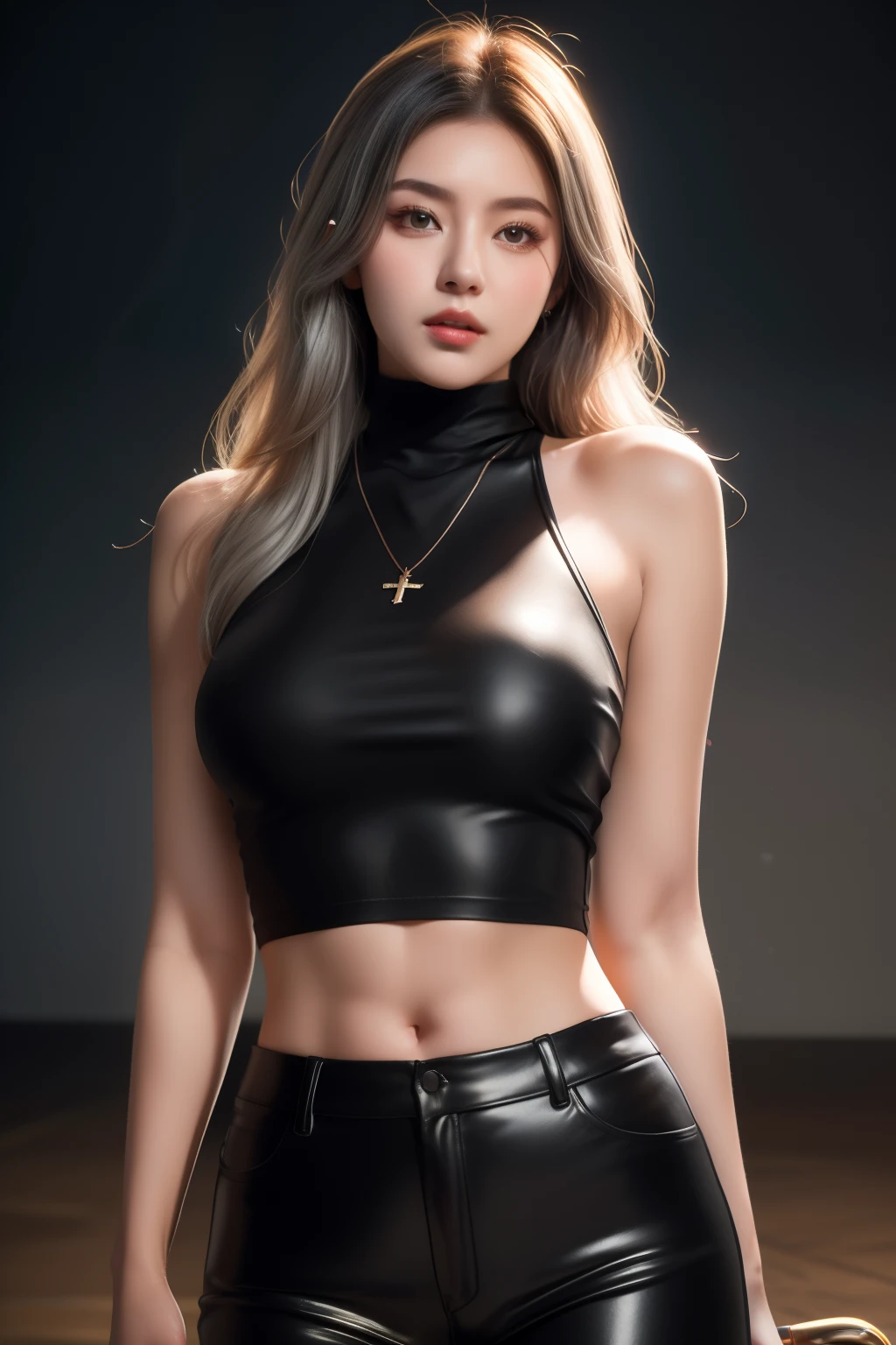 A girl, 最OK质量、masterpiece、Ultra-high resolution、(Cowboy shooting),(Practical), (Surreal), (Ultra-high resolution), (Ultra HD), (A girl), ((Ultra-Practical Details)),(Reality:1.4)Pretty Face, Cute face, 、original photo, 最OK质量,masterpiece,最OK质量,Ultra-high resolution),Silver Hair, Bronze skin,expensive, OK, Hispanic, 2, Smooth skin, Black Hair. Red Turtleneck, Black slim pants, Simple Silver Cross Necklace, Work at underground bases, Very detailed, shine, 8K, Check the artifacts, With a long whip. Stunning details,