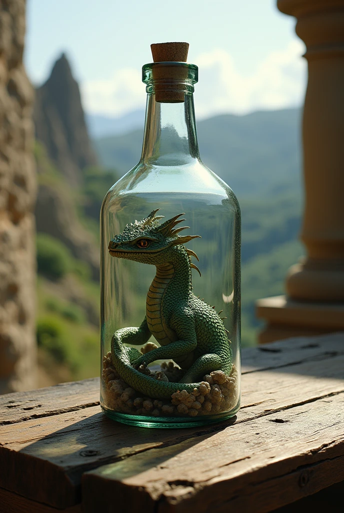 realistic style, photo, photorealistic, high detail, (sharp), (photorealism:1.2), (photo:1.2) of a dragon trapped in a bottle on a rusty wooden table. Outside the bottle Sassi di Matera, (realistic photo)