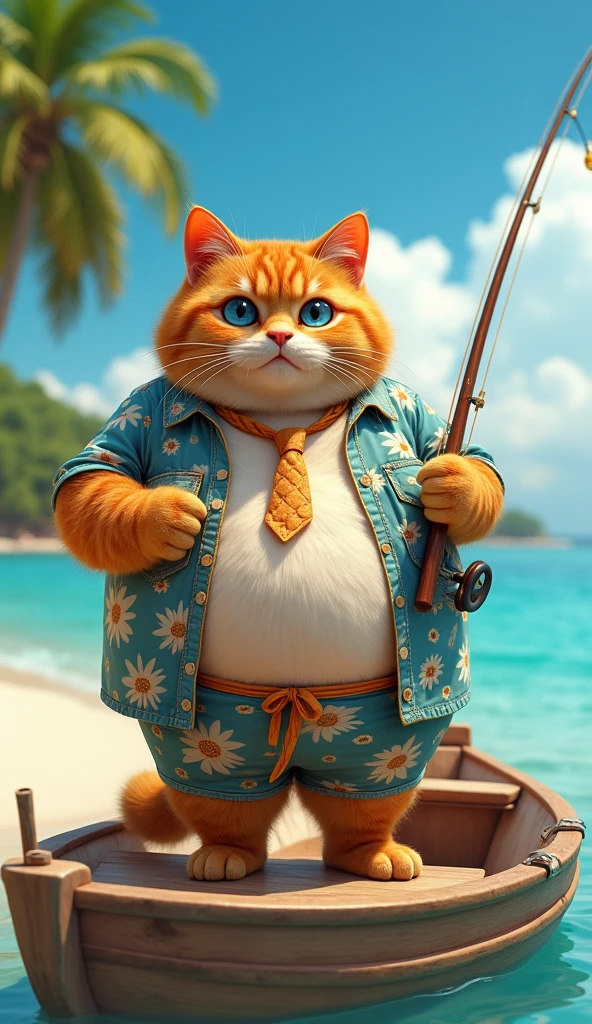 Make a picture of a fat obese orange cat, blue eyes, wear cool beach clothes and a tie, standing fishing on a boat, facing the camera, with a beautiful beach background, full body, wide, super realistic 8k images