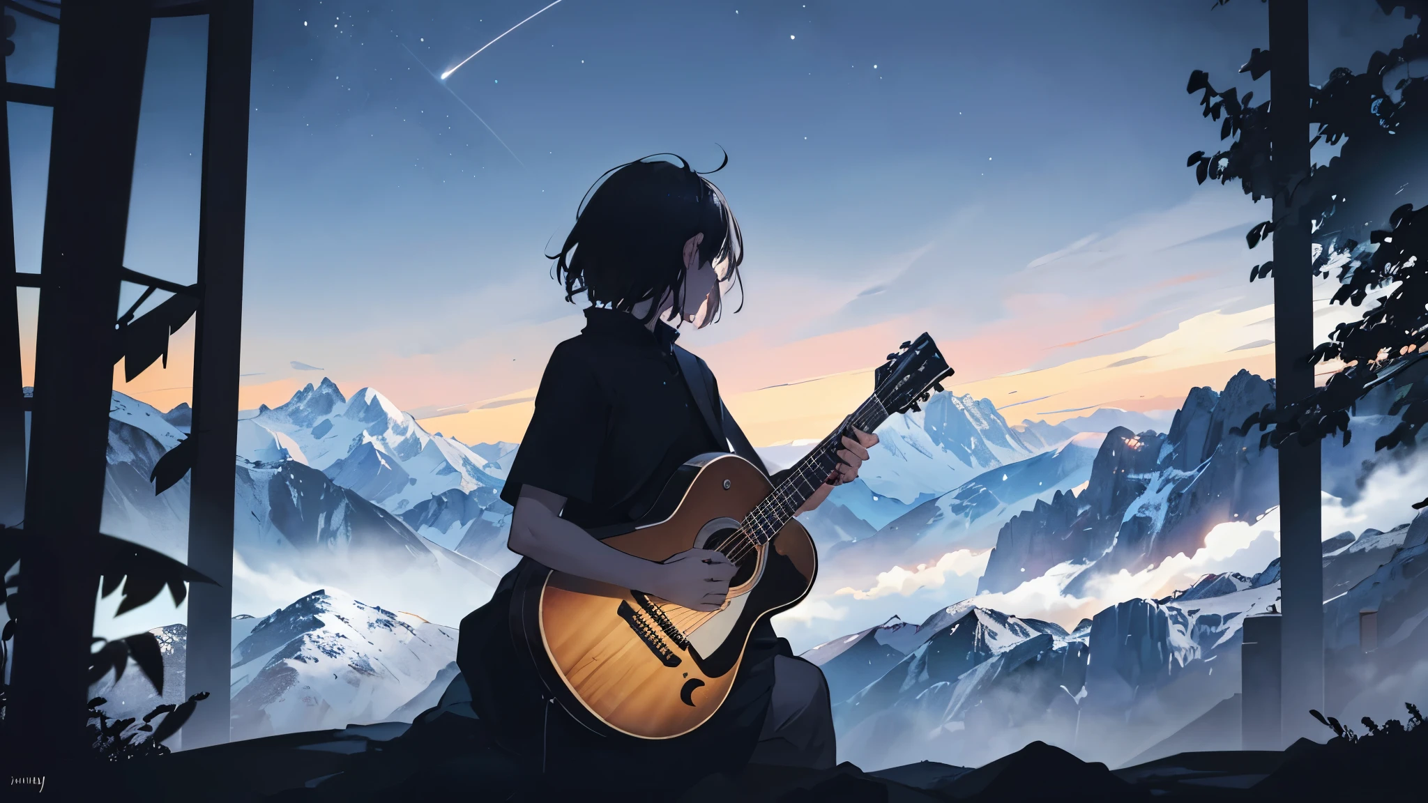 "A silhouette of a person playing a guitar against the backdrop of a mountain at night. A full moon rises behind the mountains, with the wind quietly rustling through the trees. Stars twinkle in the sky, and the silhouette of the mountains is outlined in black as the sound of the guitar echoes through the night."