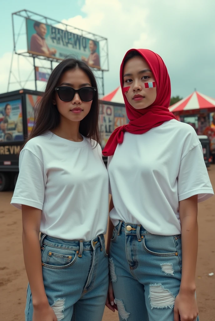 (photorealism), (masterpiece)
a 2 beautiful Indonesian woman, wearing a loang sleeve white t-shirt, long jeans with a torn pattern on the knees but not see-through, wearing a red hijab with black sunglasses on her hijab. on her cheeks there is a red and white flag, her lips are pink, with natural make up. standing relaxe, smyling to the camera. Baground sound system on the truck that have art posters the words "BREWOG AUDIO" clearly legible. during the day, full sunlight, clowdy sky, relaxe pose, baground Carnival area, relaxe photo, photo shoot, focus, realistic moment, realistic, 5D 8K