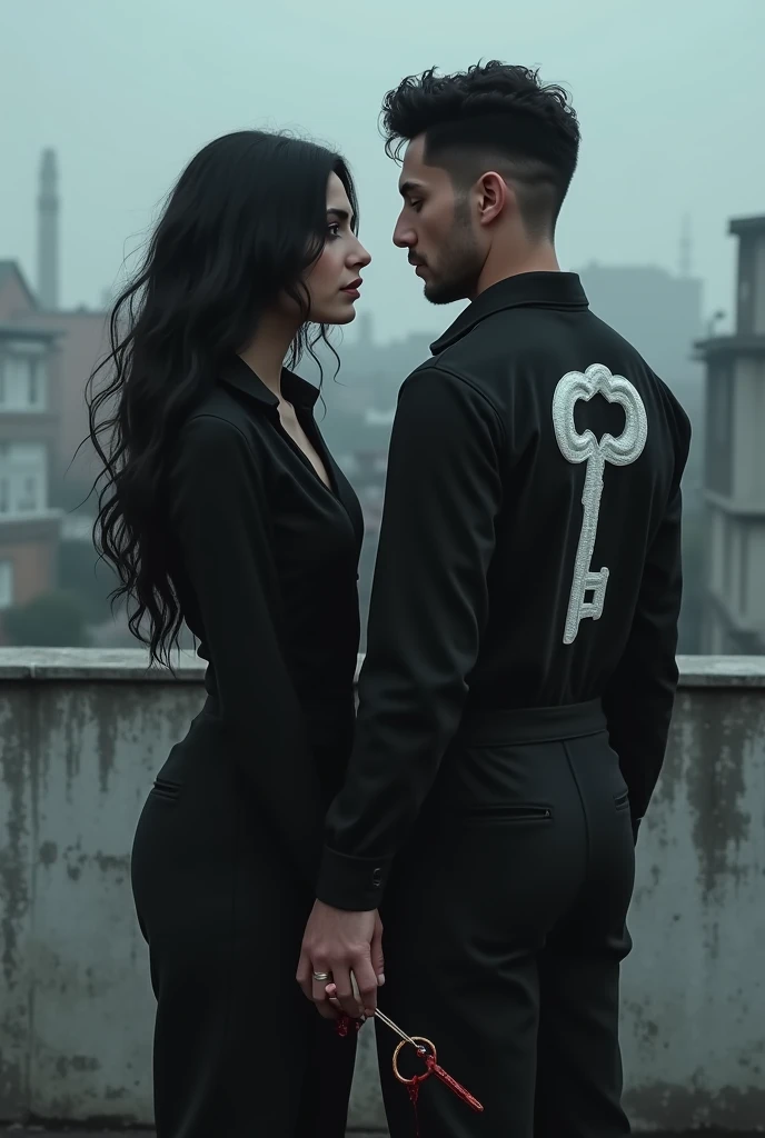 A woman with long black and wavy hair. He has a key in his hand, the tip of the key is bloody. He is wearing a black jumpsuit that covers his entire body. The overalls have a large white key embroidered on the back. The woman's face is very beautiful. Her black eyes and eyelashes resemble Türkan Şoray. Her boyfriend is with her. The man is beardless and has short black hair. The man is wearing overalls like the woman. The two of them are on a rooftop and looking at each other.