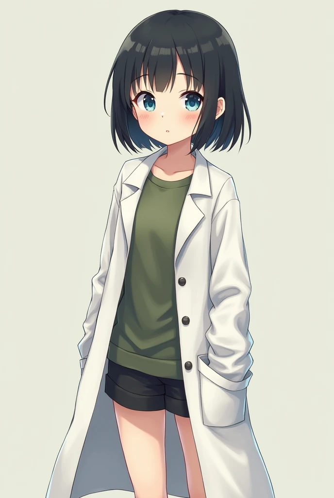 Female, Anime, 17-year old, Sleepy expression, Short black hair, Fair skin, Blue eyes, Lab coat, Olive long-sleeved shirt, Black shorts, Black shoes