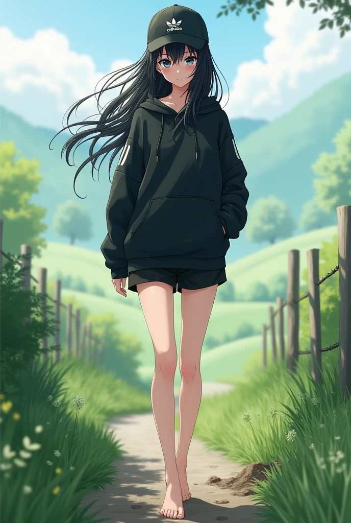 Sexy tall anime girl, long black hair, black eyes, barefoot, wear black adidas cap, wear black adidas hood, wear black panties, background is farm, girl stepped in poop