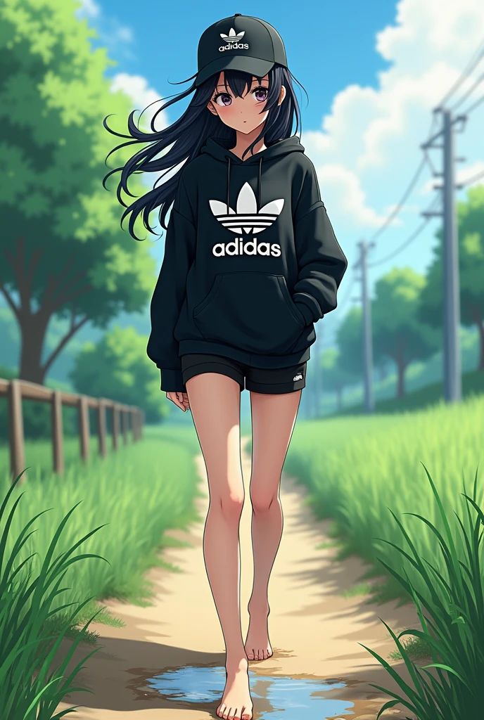 Sexy anime girl, long black hair, black eyes, barefoot, wear black adidas cap, wear black adidas hood, wear black hot pants, background is countryside, girl is stepped in poop,