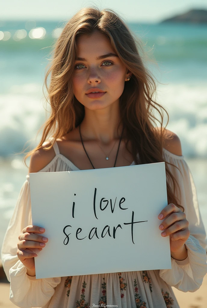 Beautiful girl with wavy long hair, bohemian dress, holding a white board with text "I Love Seaart Infinity" and showing it to the viewer