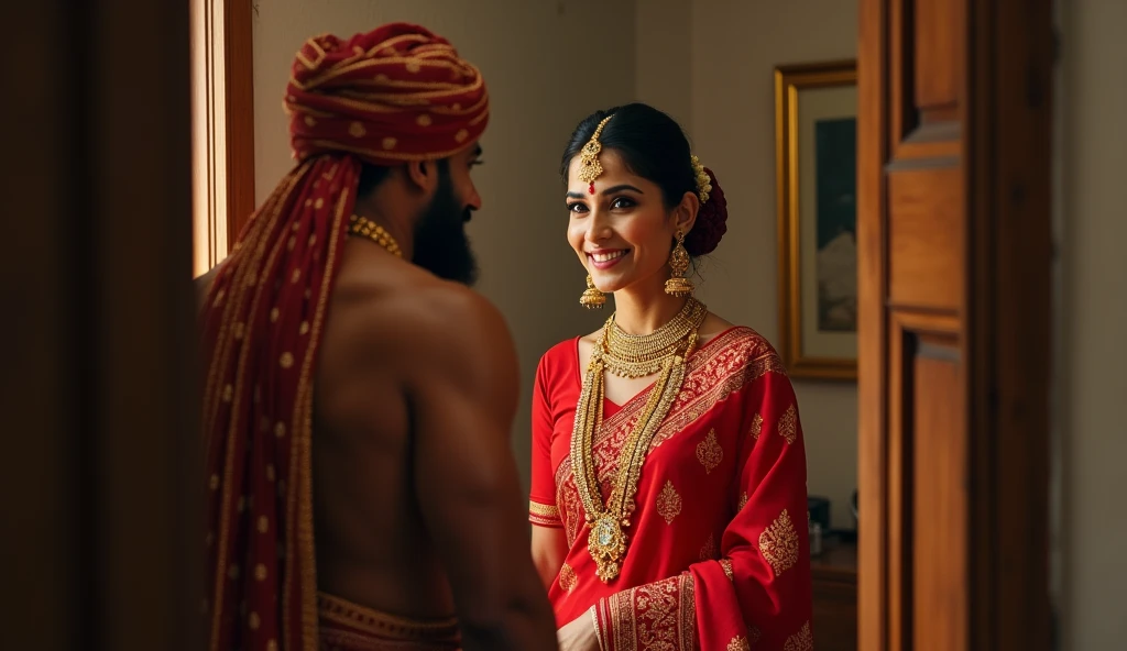 beautiful woman opening  apartment door,wearing red sari,golden jewelries,applay sindoor at the beginning or completely along the parting-line of a woman's hair,smiling to a masculer man,wearing salwar Taqiyah on head ,hairy body,watching womans body