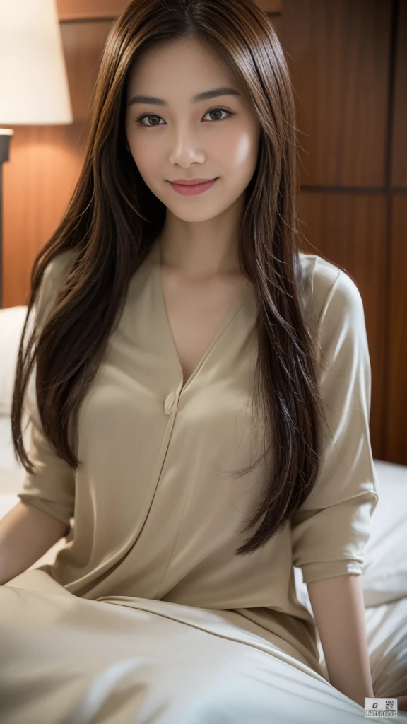 "A 47-year-old Japanese woman with semi-long beige hair, captivating and large eyes. She has a fit and well-proportioned body, wearing a tight shirt that highlights her figure. She is smiling seductively towards the viewer. The setting should emphasize her allure and elegance, with soft lighting that enhances her features."