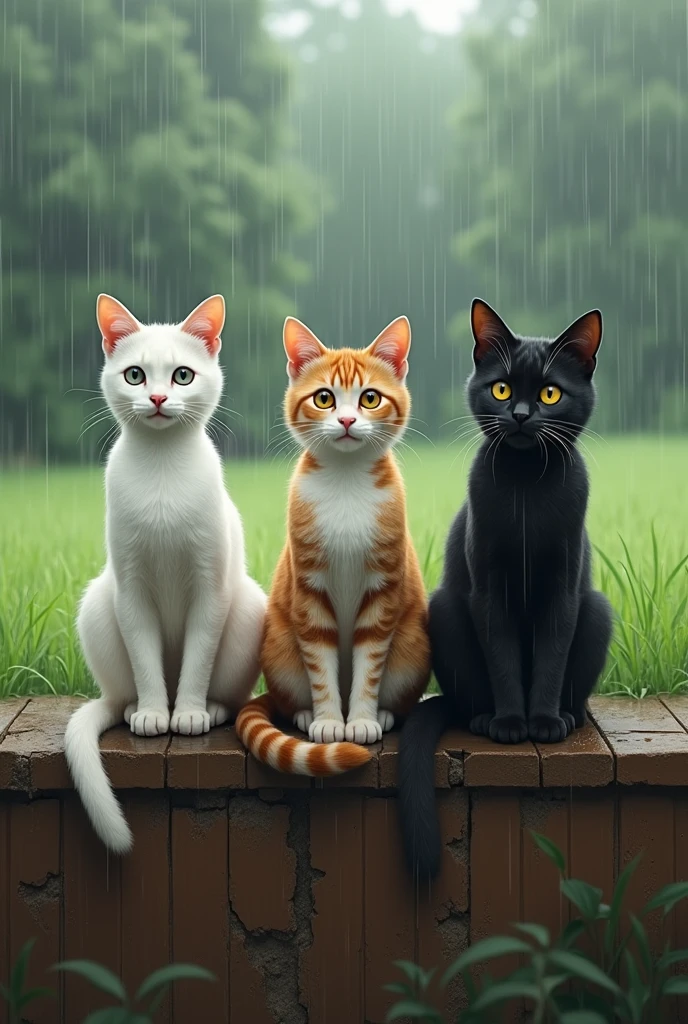 A full white normal cat with grey eyes.brown and white normal cat and full black cat with yellow eyes and all of same height.sitting on brown colour breaks wall and his background is grass with heavy rainfall.