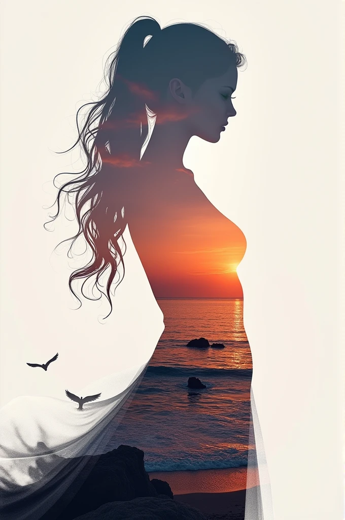 high quality, 8K Ultra HD, A beautiful double exposure that combines an goddess silhouette with sunset coast, sunset coast should serve as the underlying backdrop, with its details incorporated into the goddess , crisp lines, The background is monochrome, sharp focus, double exposure, by yukisakura, awesome full color,