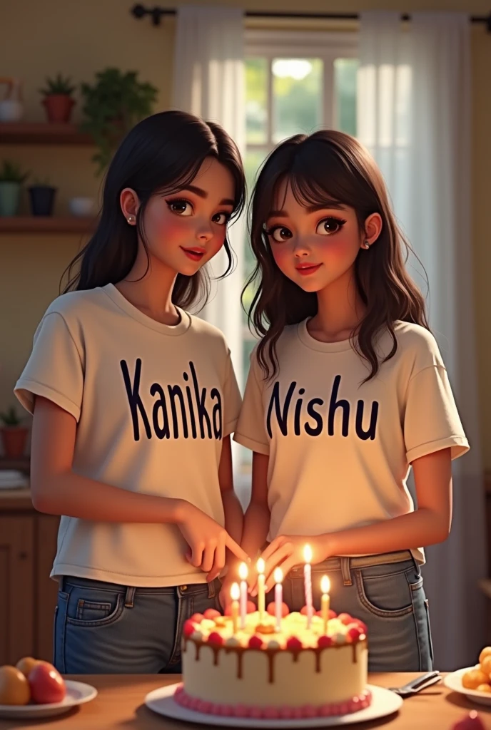 Two teenager girls wearing jeans such that KANIKA is written on the one girls tshirt and NISHU on the other girl's tshirt and KANIKA is cutting her 15th birthday cake 