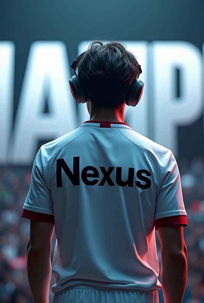 A man, from back, with medium hair, wearing white jersey with name "NeXus" on the jersey, wearing gaming headphone, with background written champion
