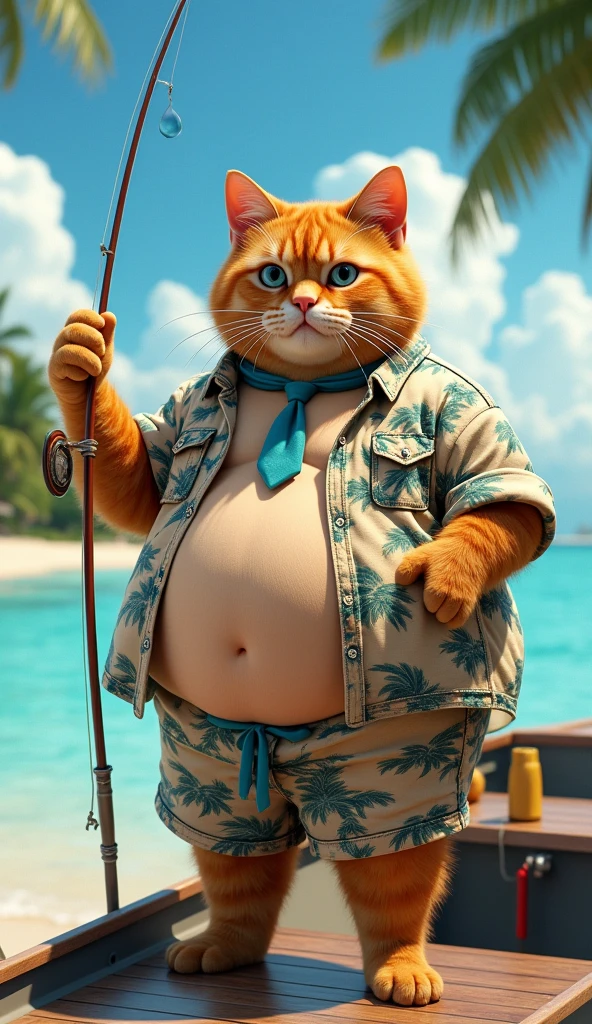 Make a picture of a fat obese orange cat, blue eyes, wear cool beach clothes and a tie, standing fishing on a boat, facing the camera, with a beautiful beach background, full body, wide, super realistic 8k images