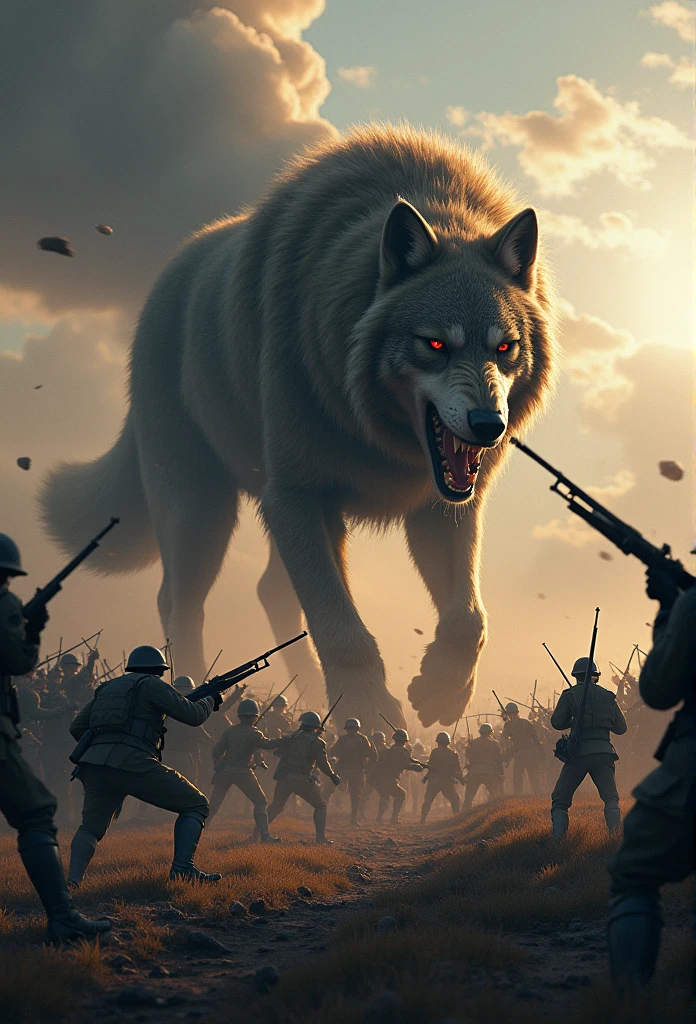 The giant evil wolf fights in a war against the enemy infantry army.、Victory was won