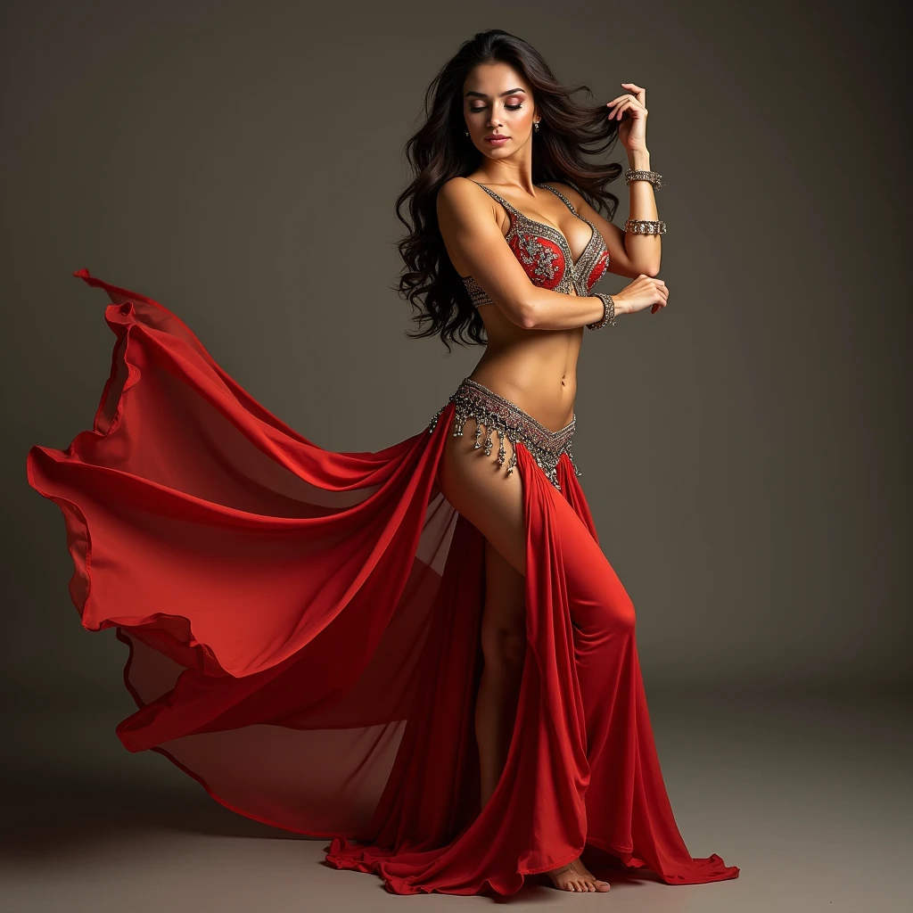 Beautiful woman doing belly dancing、Professional appearance、At a powerful angle、Uplifting、Dynamically、A closer shot、Looking seductively at the camera、Canon Eos 24mm, In detail、4K, 8k,