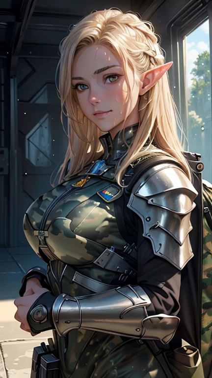 masterpiece, Highest quality, Highly detailed CG Unity 8K wallpapers,((whole body)), ((Spacecraft hangar)), (Long pointy ears), Elegant long wavy platinum blonde hair, ((Average Chest Circumference, Self-illuminating skin)), ((Armored paratrooper gear in dark camouflage, knapsack, Troop badge)), (Sweaty, Wet white skin), (blush), , (Captivating smile), cute, Symmetrical face, fine grain, Key Art, Awards, intricate detail realism hdr, Photorealism, Hyperrealism, Ultra-realistic, Dramatic Light, Strong Shadows, Nice views, Written boundary depth,