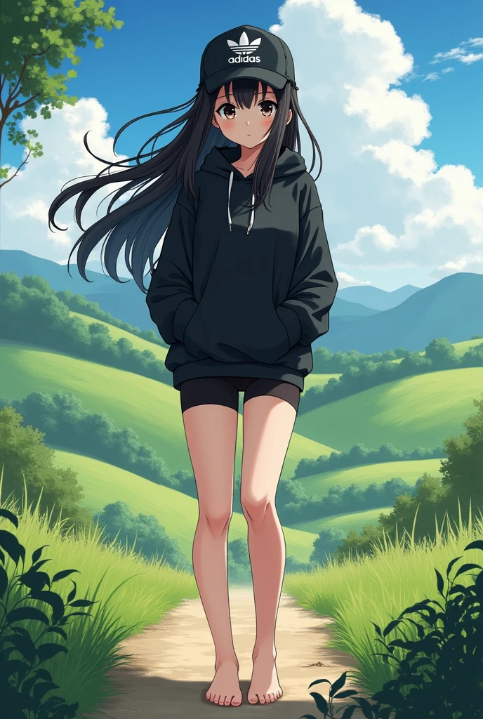 Sexy tall anime girl, long black hair, black eyes, barefoot, wear black adidas cap, wear black adidas hood, wear black adidas short hot pants, background is countryside, stepped in shit