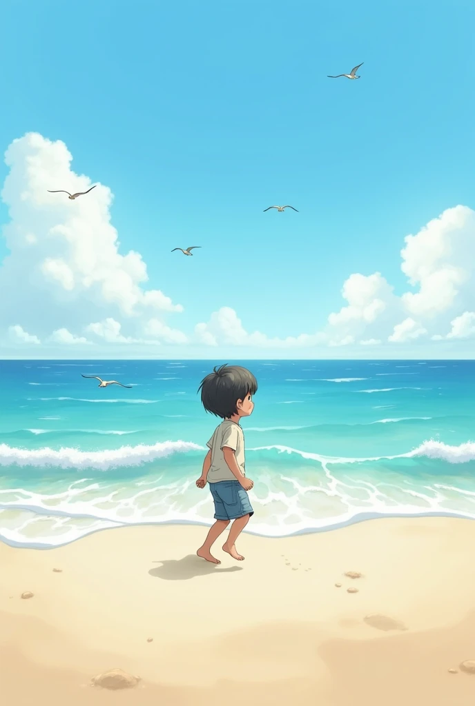 A boy walking in sea beach 