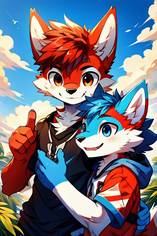 Picture of a furry teenage boy with white and red fur and his furry blue protagong friend.  