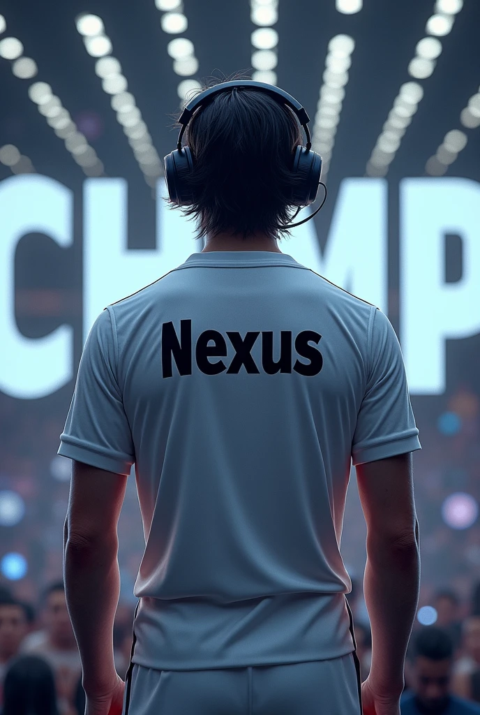 A man, from back, with medium hair, wearing white jersey with name "NeXus" on the jersey, wearing gaming headphone, with background written champion