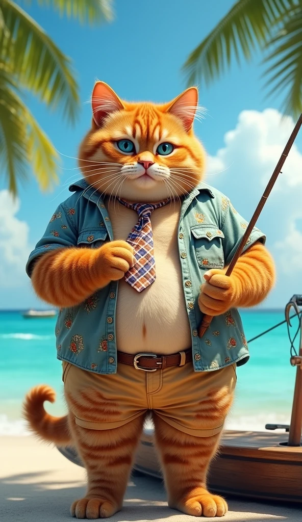 Make a picture of a fat obese orange cat, blue eyes, wear cool beach clothes and a tie, standing fishing on a boat, facing the camera, with a beautiful beach background, full body, wide, super realistic 8k images