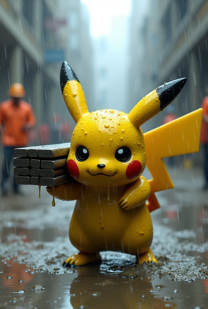 In heavy rain，One is completely wet，Poor anthropomorphic Pikachu，Very small，It's covered in mud，Carrying a bundle of steel bars on his back，There&#39;s water all over the ground，The background is a construction site，There are workers at work，The picture is very real，Rich in details。Scale 1.1