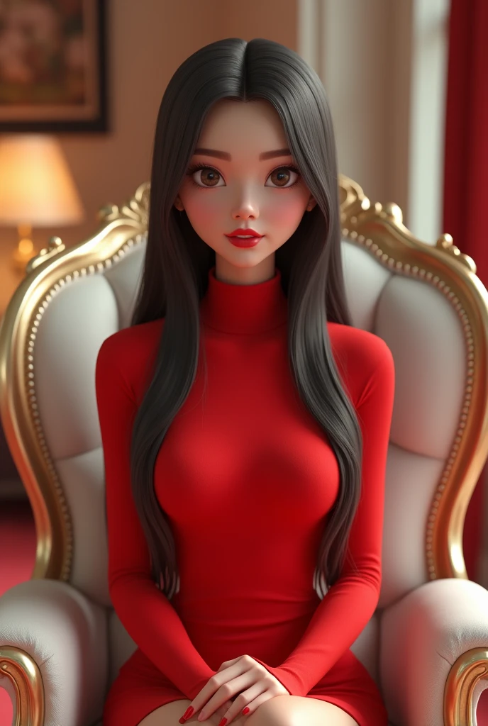 Pretty 25 yrs old girl with long straight hair wearing red turtle neck  dress and red lipstick sitting in the white royal chair. 3D semi animated 