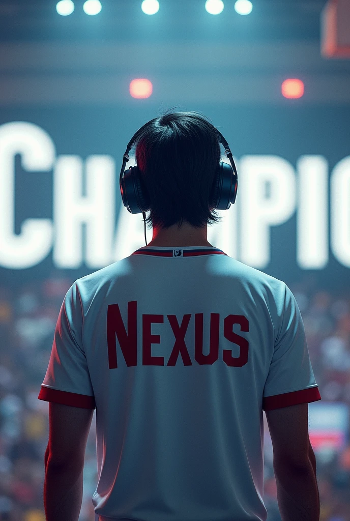 A man, from back, with medium hair, wearing white jersey with name "NeXus" on the jersey, wearing gaming headphone, with background written champion
