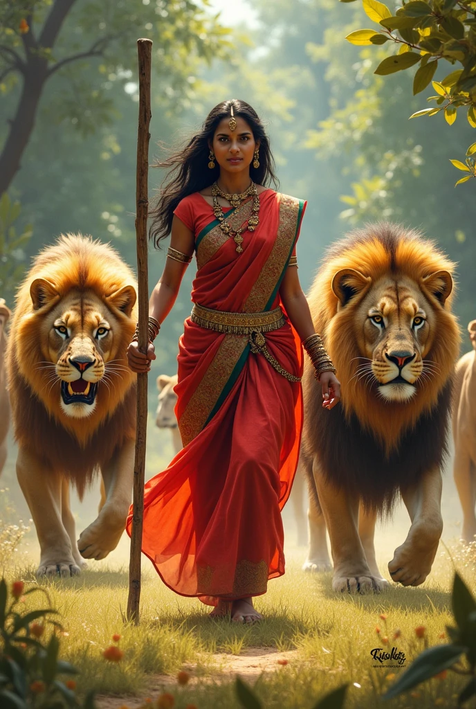 An Indian lady hits stick lions 