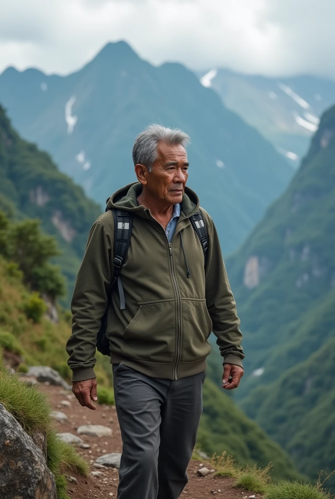 Filipino Man in his 50s on top of a mountain hike wearing a hoodie 